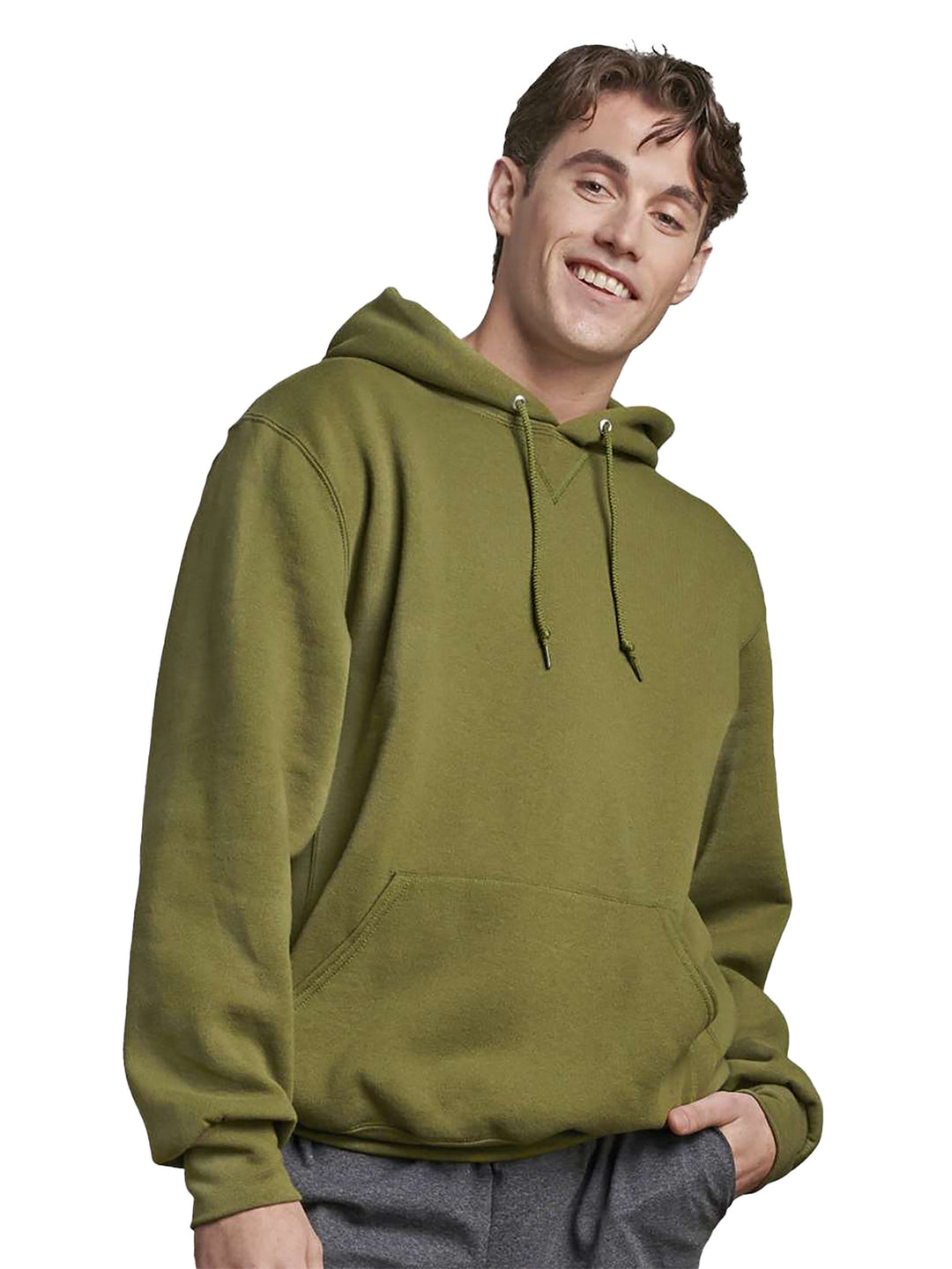 Russell Athletic Dri Power Hoodie in olive green, featuring a heavyweight 50/50 cotton-polyester blend with a front pocket and drawstring hood.