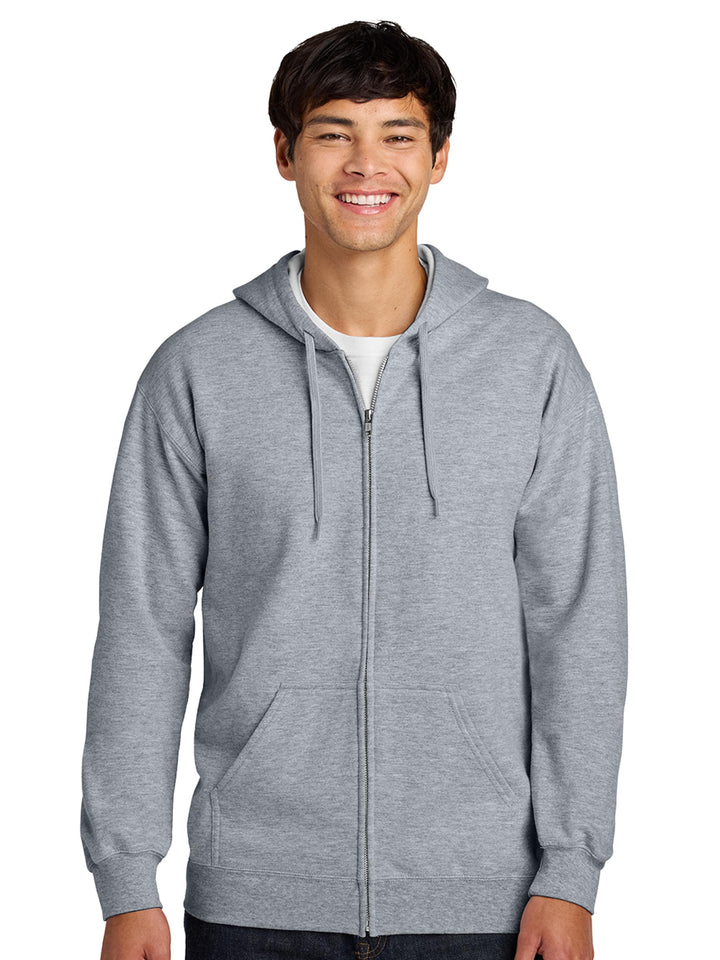 Gildan Softstyle Full Zip Hooded Sweatshirt in heather gray, designed with a soft cotton blend and front pockets. Great for embroidery and custom branding.