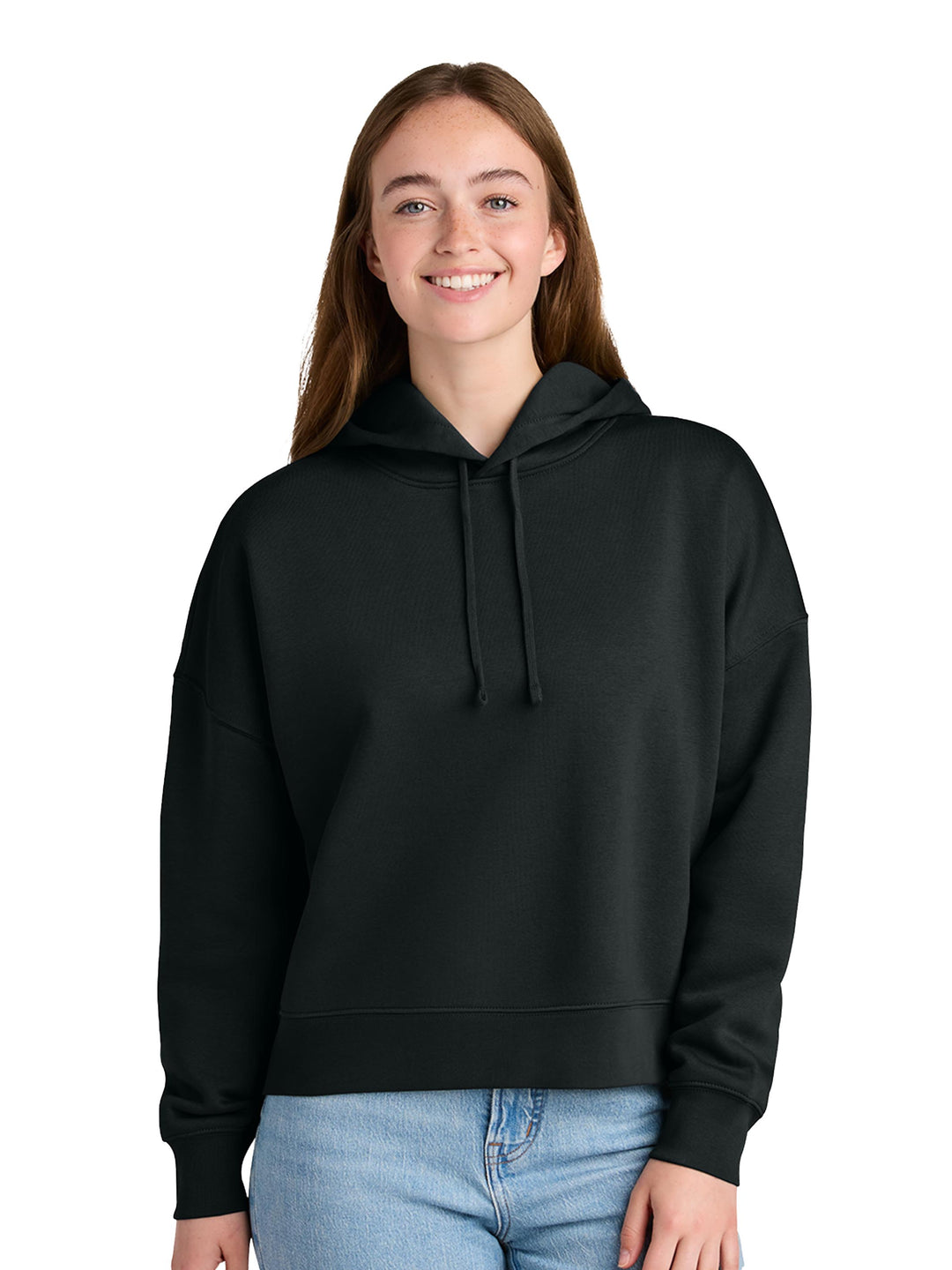 Custom Stanley/Stella Women's Nora Hoodie in black, perfect for custom logo printing or embroidery with a casual, eco-conscious style.