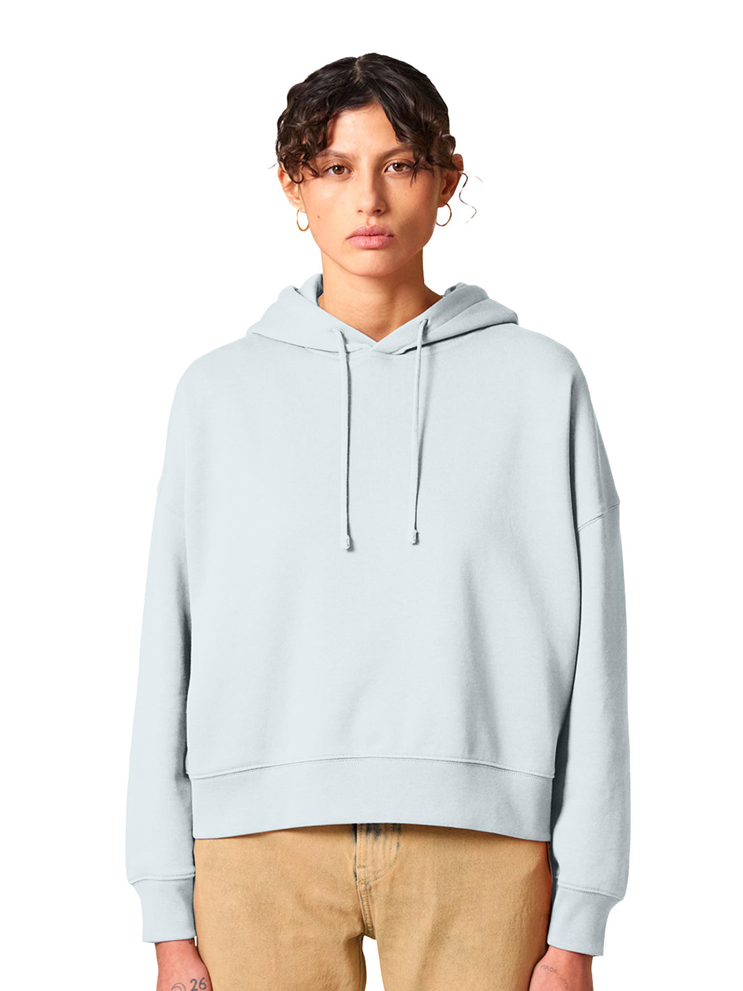 Custom Stanley/Stella Women's Nora Hoodie in light blue, sustainable and customizable for branded or personal fashion statements.
