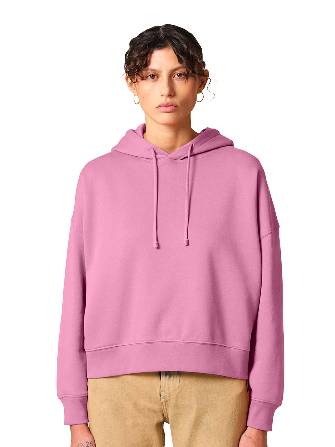 Custom Stanley/Stella Women's Nora Hoodie in pink, ideal for eco-friendly custom apparel with soft fabric and relaxed fit.