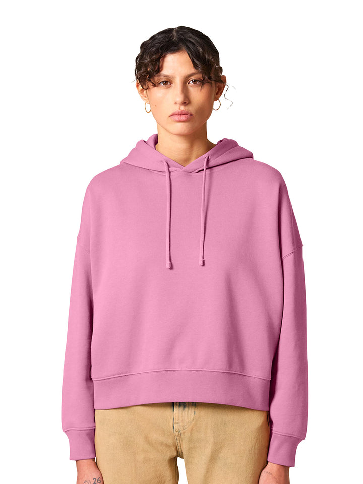 Custom Stanley/Stella Women's Nora Hoodie in pink, ideal for eco-friendly custom apparel with soft fabric and relaxed fit.