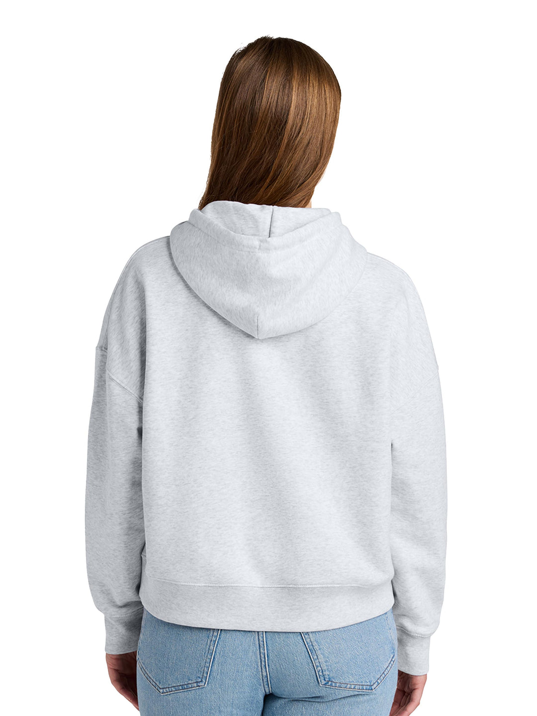 Back view of Custom Stanley/Stella Women's Nora Hoodie in light grey, showcasing relaxed fit and hood design for personalized apparel.