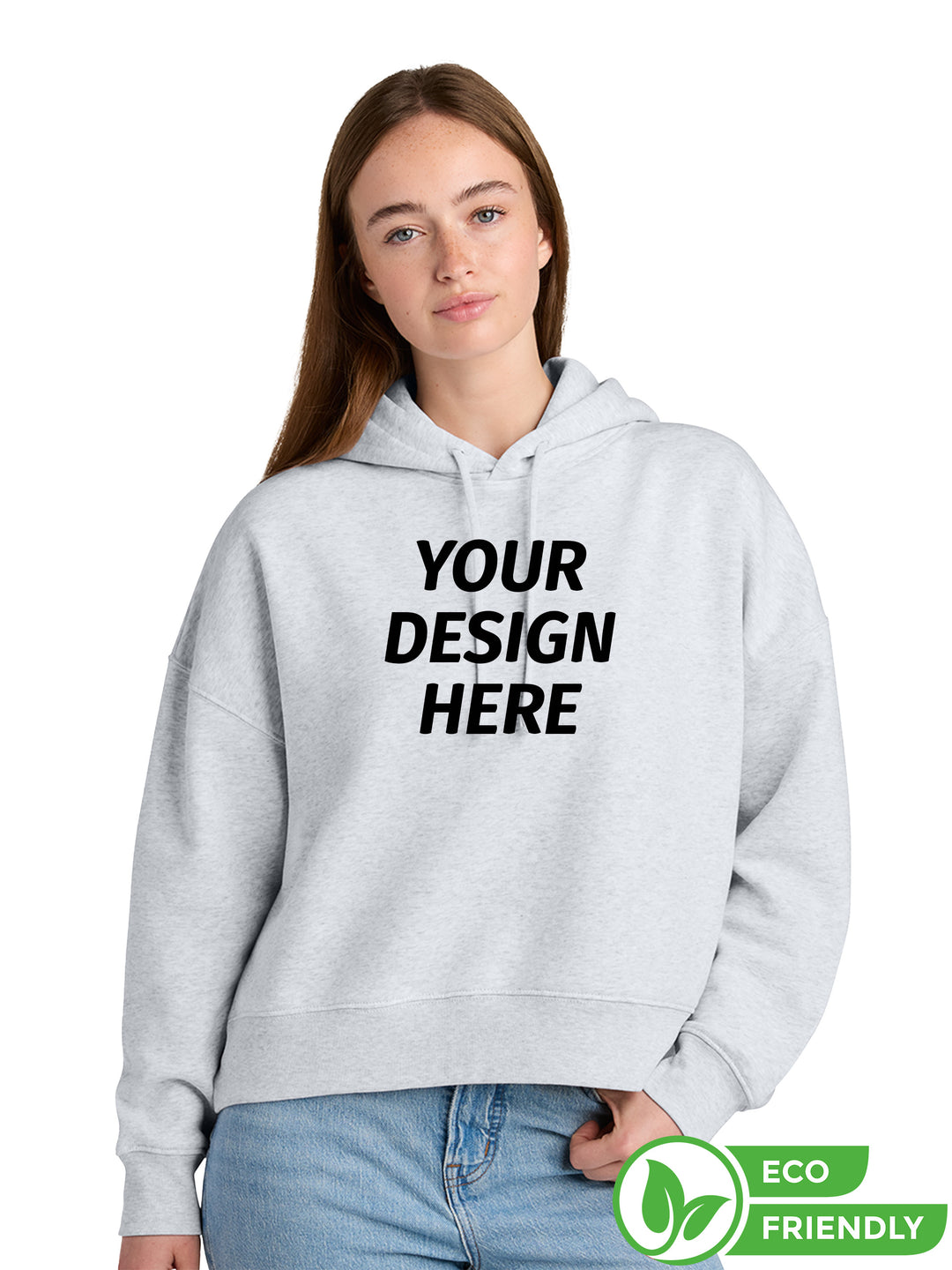Custom Stanley/Stella Women's Nora Hoodie in light grey with 'Your Design Here' text, eco-friendly and ideal for custom embroidery or printing.