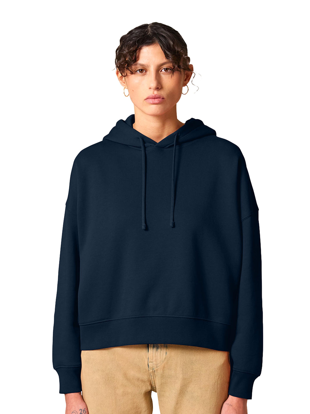 Custom Stanley/Stella Women's Nora Hoodie in navy blue, eco-friendly and customizable for fashion-forward branding or personal wear.