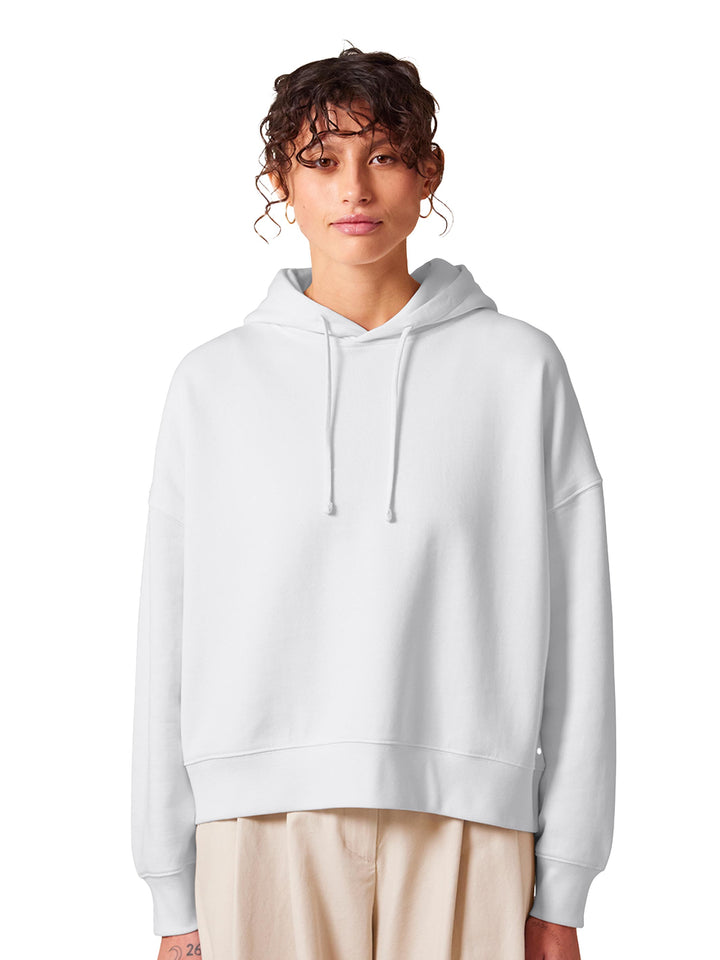 Custom Stanley/Stella Women's Nora Hoodie in white, blank canvas for eco-friendly custom printing or embroidery in women's fashion.