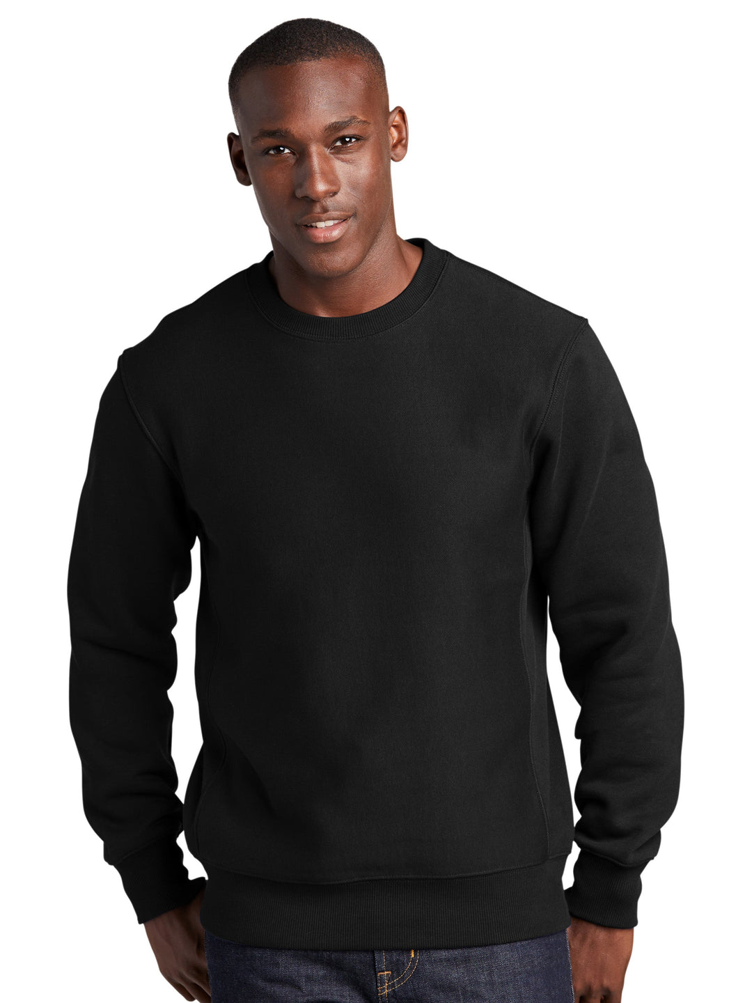 Sport-Tek Super Heavyweight Crewneck Customizable Sweatshirt in black, worn by a male model. Durable and stylish, perfect for customization.