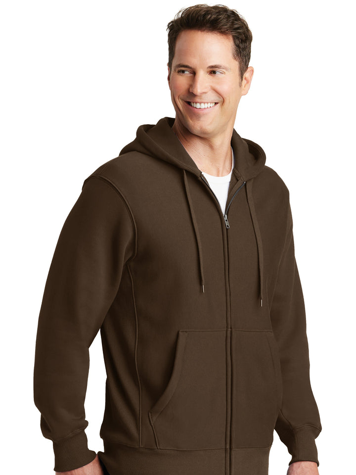 Side view of the Sport-Tek Super Heavy Weight Zip Up Hoodie in brown, showcasing its durable fabric, ribbed cuffs, and relaxed fit.