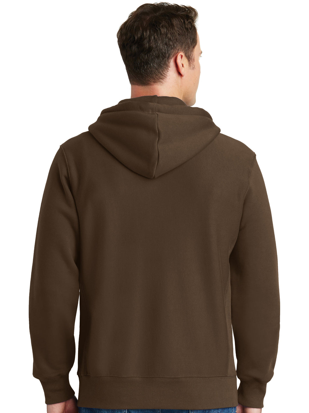 Back view of the Sport-Tek Super Heavy Weight Zip Up Hoodie in brown, displaying its structured hood and reinforced stitching for durability.