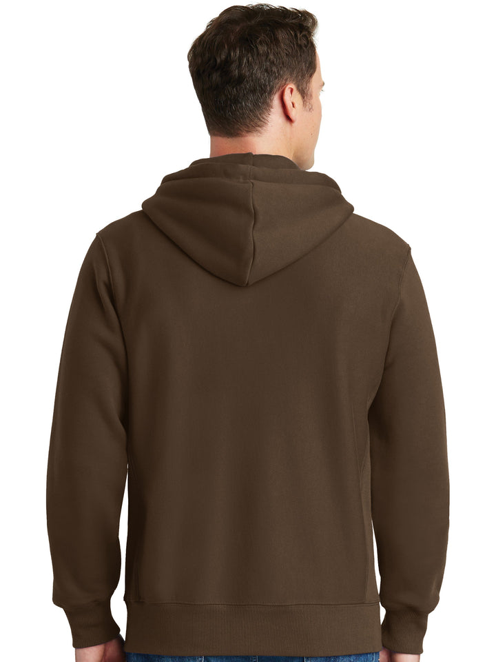 Back view of the Sport-Tek Super Heavy Weight Zip Up Hoodie in brown, displaying its structured hood and reinforced stitching for durability.