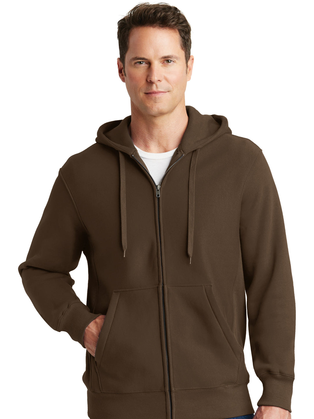 Sport-Tek Super Heavy Weight Zip Up Hoodie in brown, featuring a full-zip front, drawstring hood, and front pockets for warmth and comfort.