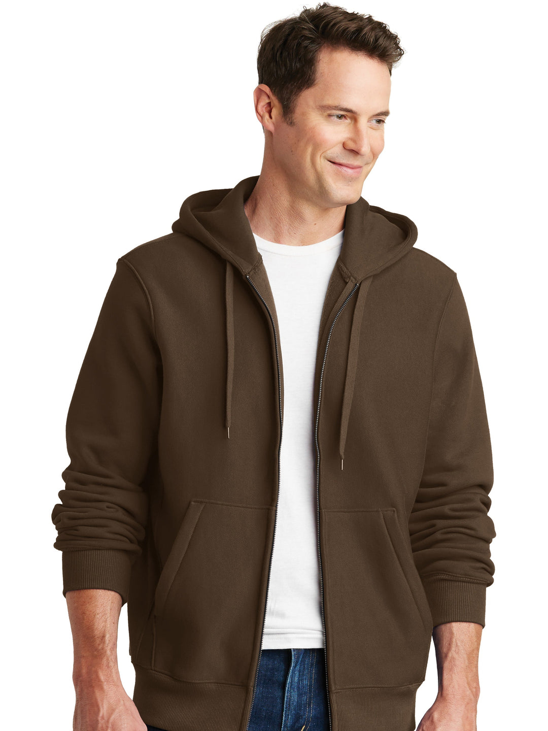 Sport-Tek Super Heavy Weight Zip Up Hoodie in brown, worn casually with sleeves slightly rolled, highlighting its soft fleece lining.