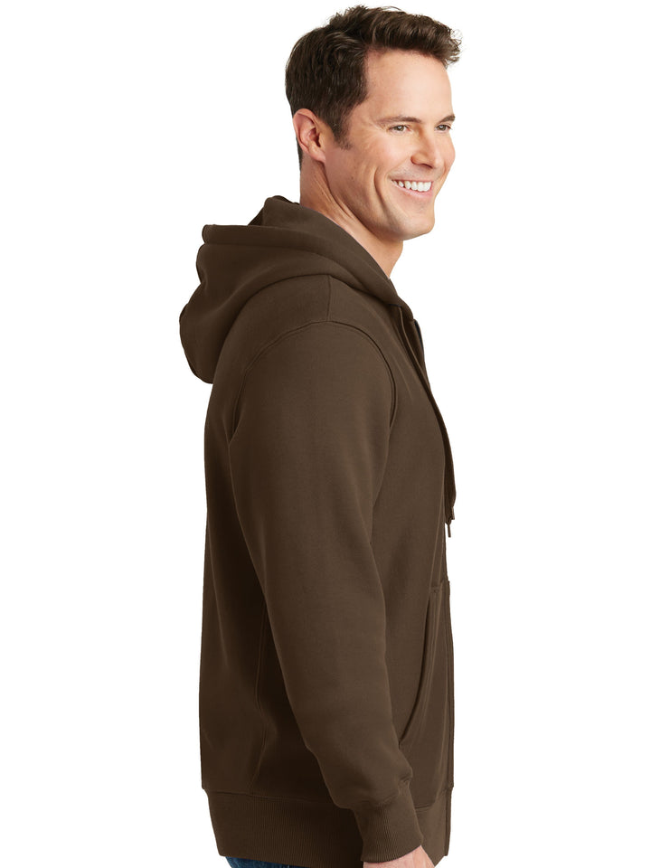 Sport-Tek Super Heavy Weight Zip Up Hoodie in brown, side profile with a relaxed fit, ideal for layering in cooler weather.