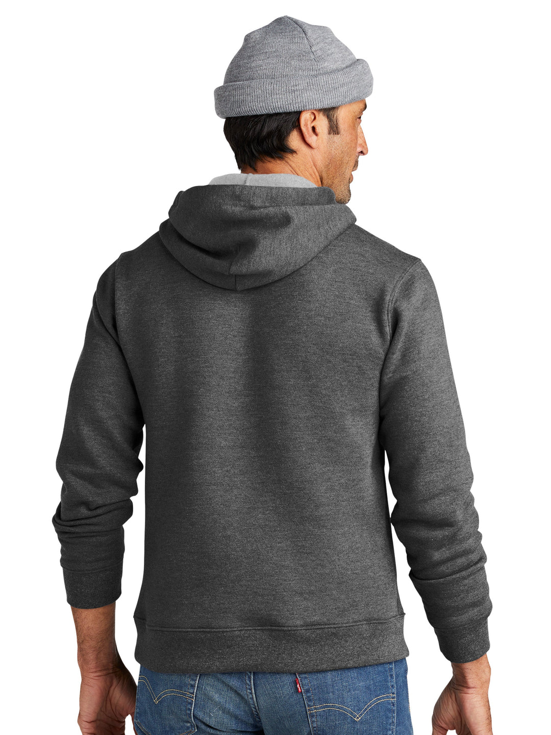 Back view of the Custom Volunteer Knitwear Chore Fleece Hoodie in dark gray, showcasing its durable fabric and relaxed fit. Perfect for personalized designs.