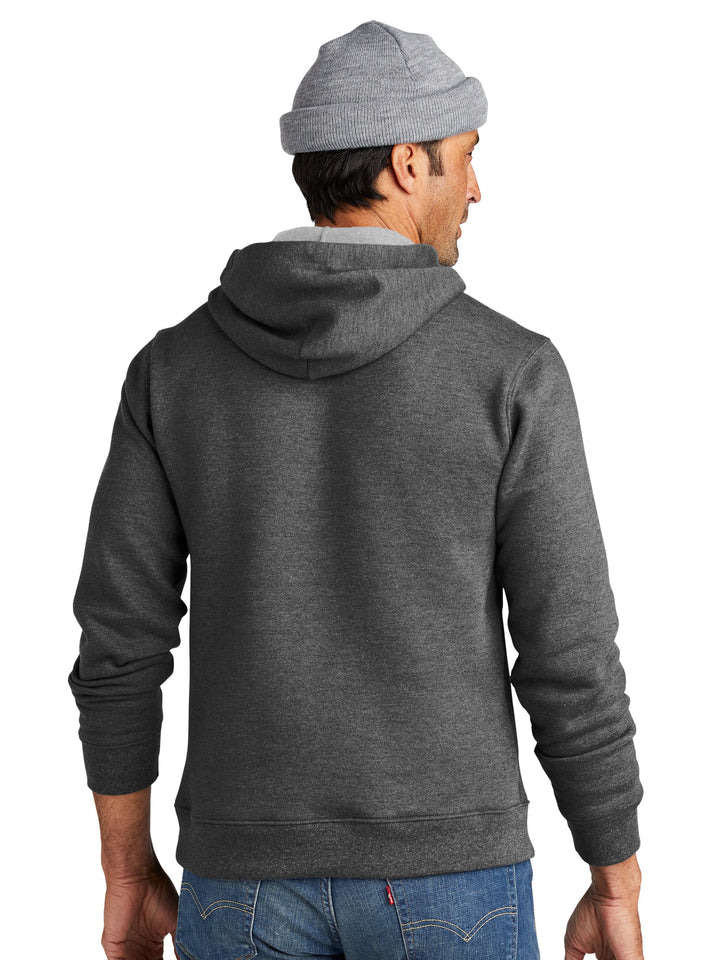 Back view of the Custom Volunteer Knitwear Chore Fleece Hoodie in dark gray, showcasing its durable fabric and relaxed fit. Perfect for personalized designs.