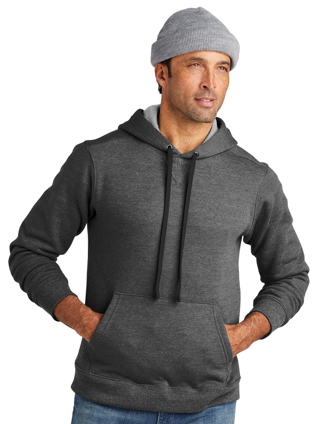 Custom Volunteer Knitwear Chore Fleece Hoodie in dark gray, featuring a front pocket and adjustable drawstring hood. Ideal for embroidery or print customization.