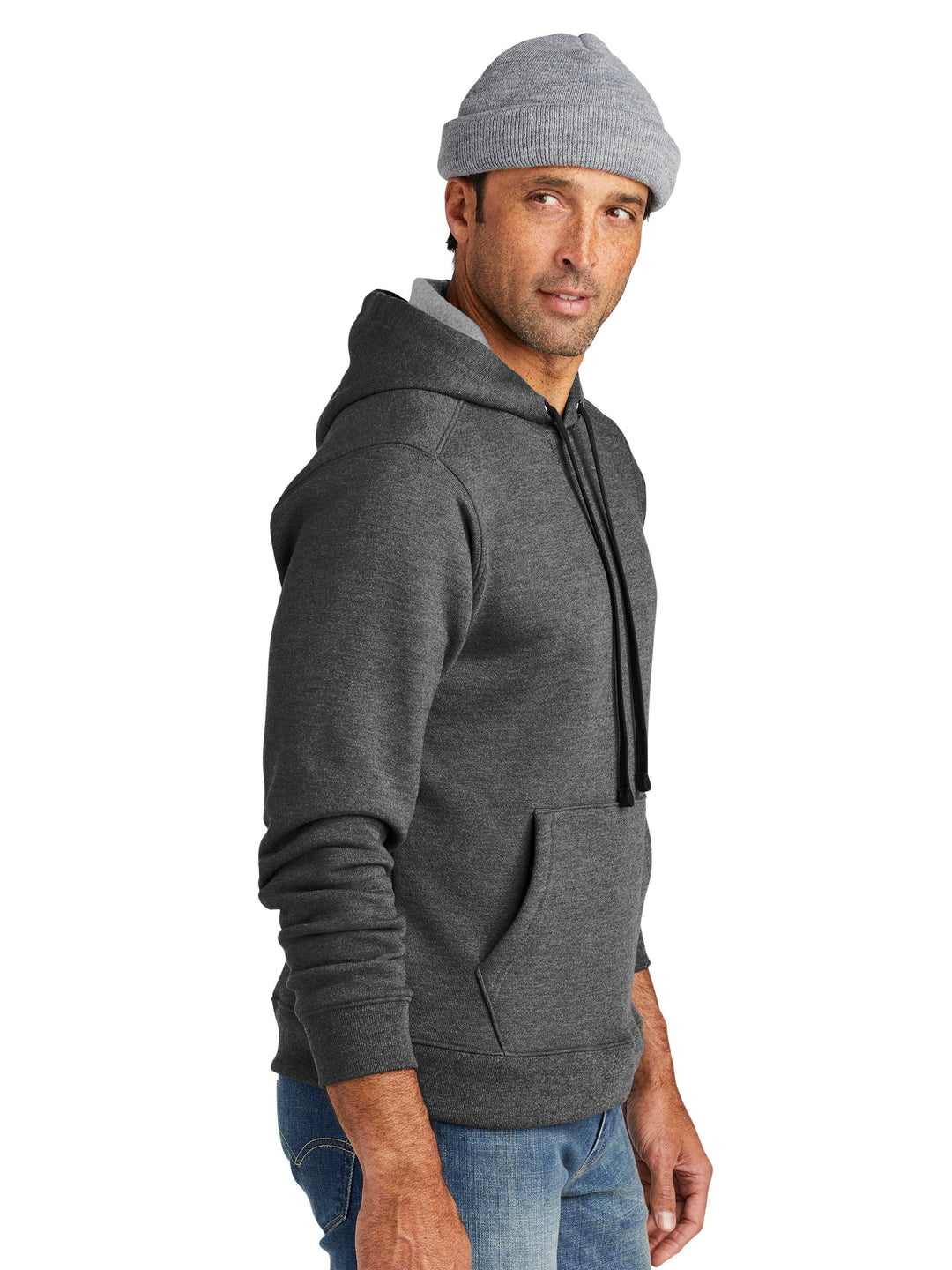 Side view of the Custom Volunteer Knitwear Chore Fleece Hoodie in dark gray, highlighting its soft fleece material and stylish fit. Great for custom embroidery or printing.