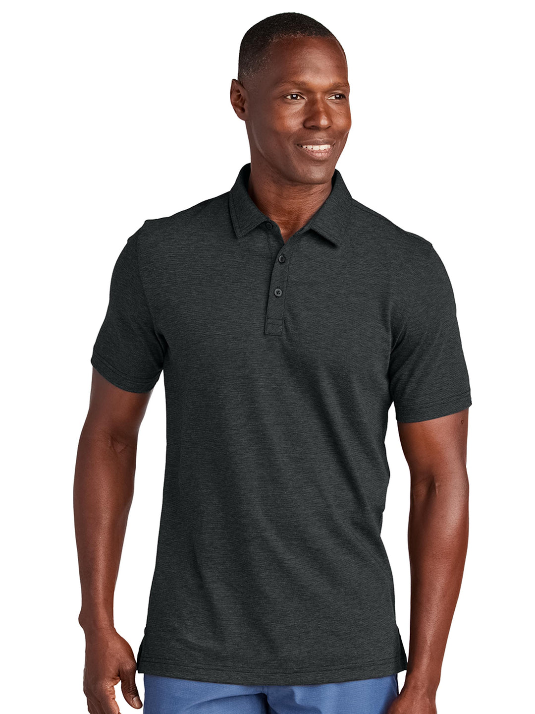 TravisMathew Sunnyvale Polo in black, designed with a three-button placket and soft, breathable fabric. Customize with your logo for a professional look.