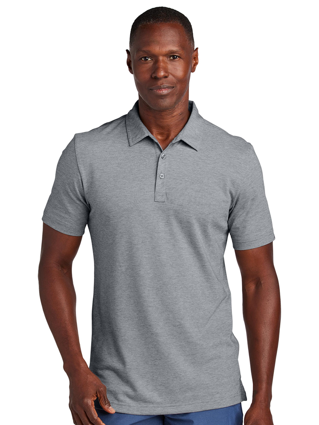 Front view of the TravisMathew Sunnyvale Polo in heather gray, featuring a stylish and comfortable design. Customize with embroidery or screen printing.