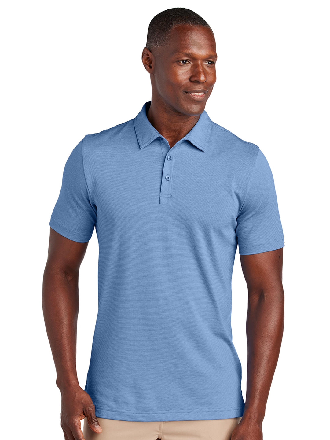 TravisMathew Sunnyvale Polo in sky blue, designed for comfort and style with a three-button placket. Customize with your logo for a professional touch.