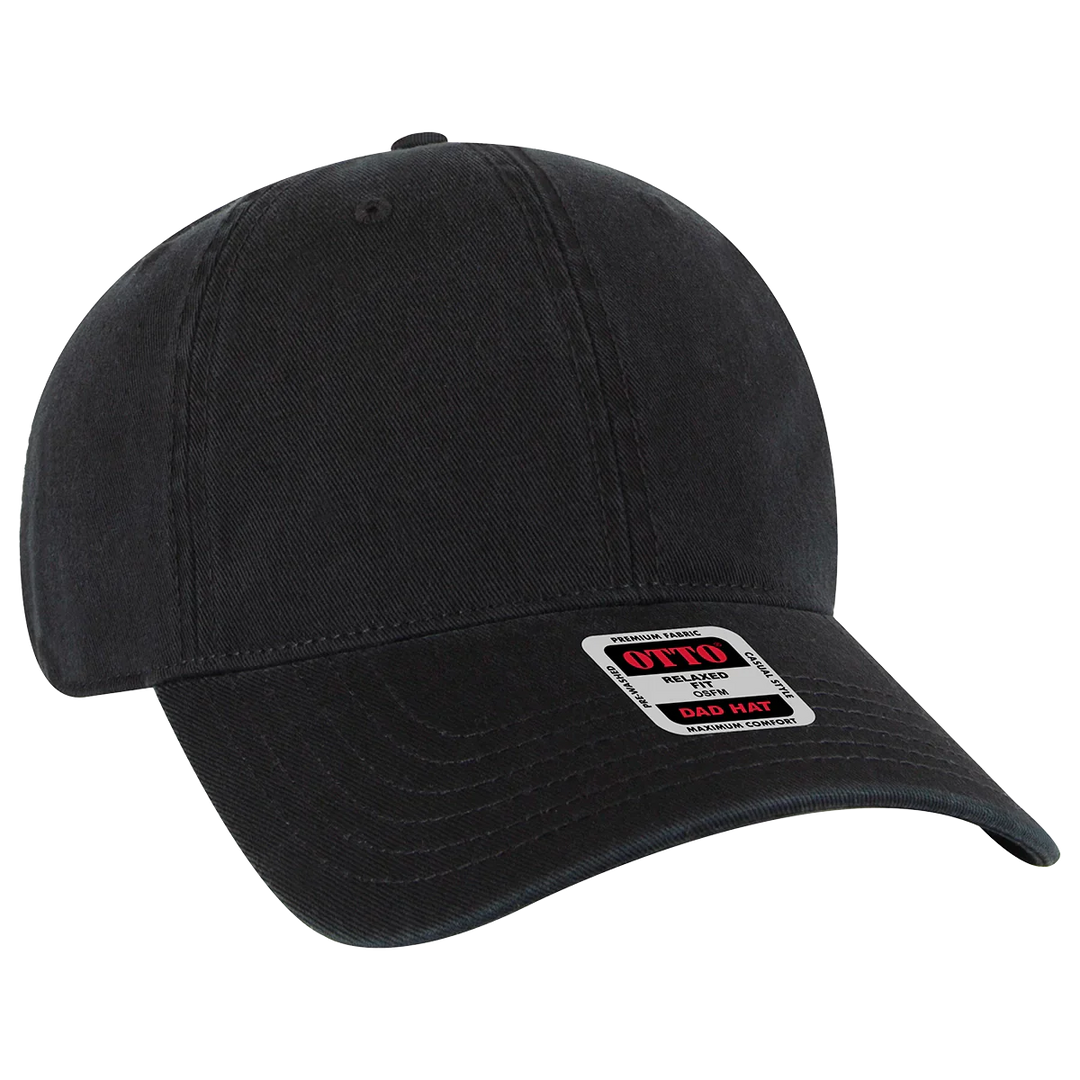 Otto Dad Hat 18-1322 in black, featuring a low-profile six-panel design with an unstructured soft crown. Made from 100% cotton for a comfortable fit.