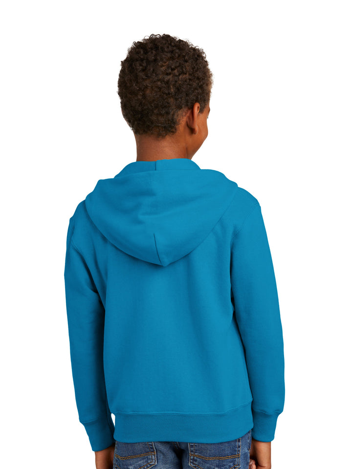 Back view of the Port and Company Youth Core Fleece Zip Up Hoodie in blue, showcasing a comfortable hood and ribbed cuffs for a snug fit.