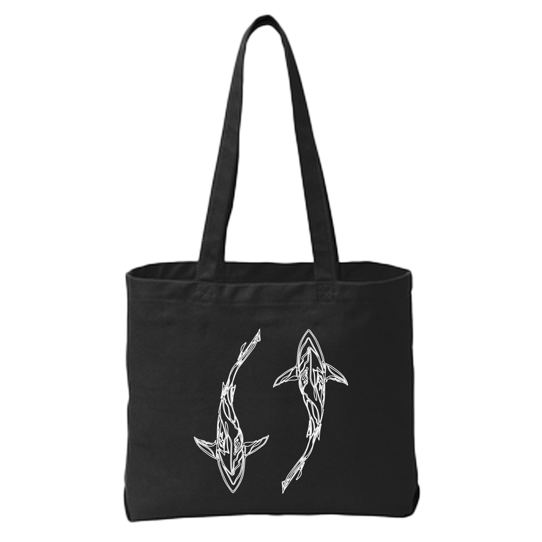 Black Shark Custom Tote Bag featuring a white tribal shark design. Stylish and durable, perfect for beach trips, travel, or everyday use.