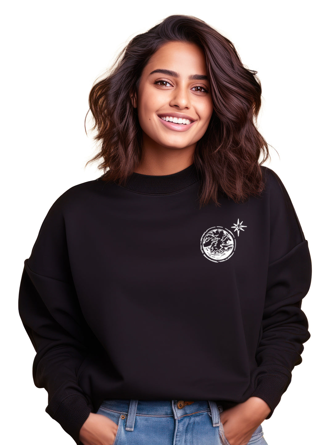 Taylor Swift-inspired moon sweatshirt featuring a minimalist moon graphic and lyrics 'Think of Me When You Think of the Moon' on a black fleece crewneck.