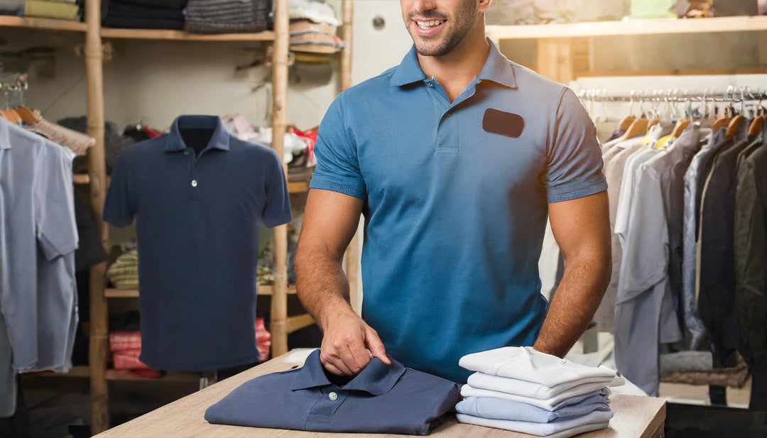 man with a blue custom polo shirt