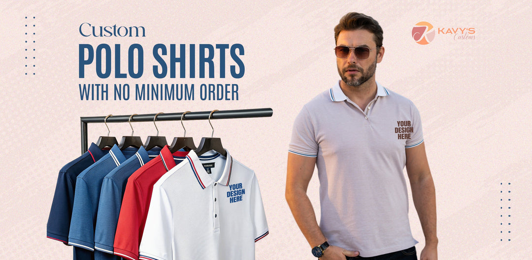 Custom polo shirts with no minimum order in various colors and styles