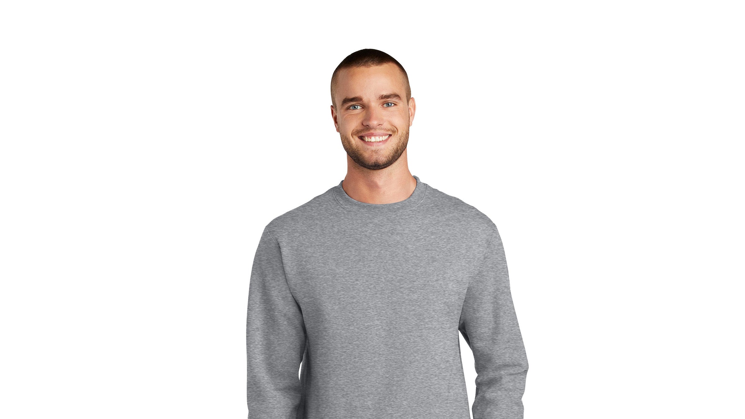 Man wearing grey budget crewneck