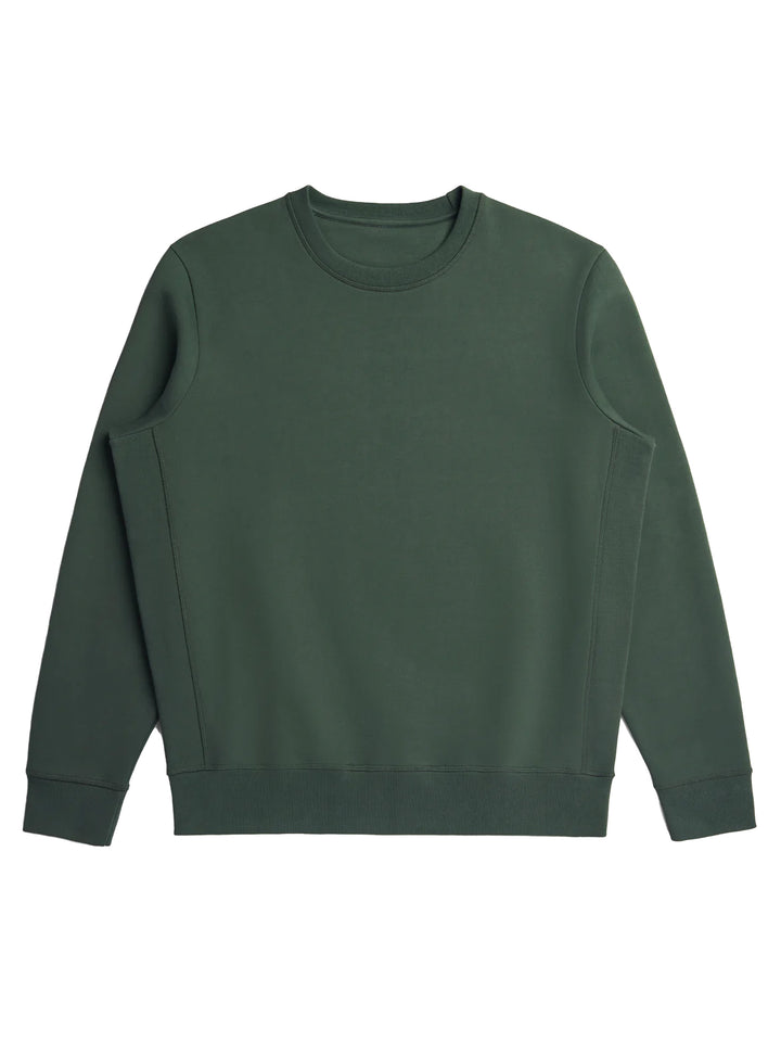 Dark green Original Favorites crewneck sweatshirt laid flat. Premium heavyweight fabric for a classic and durable design.