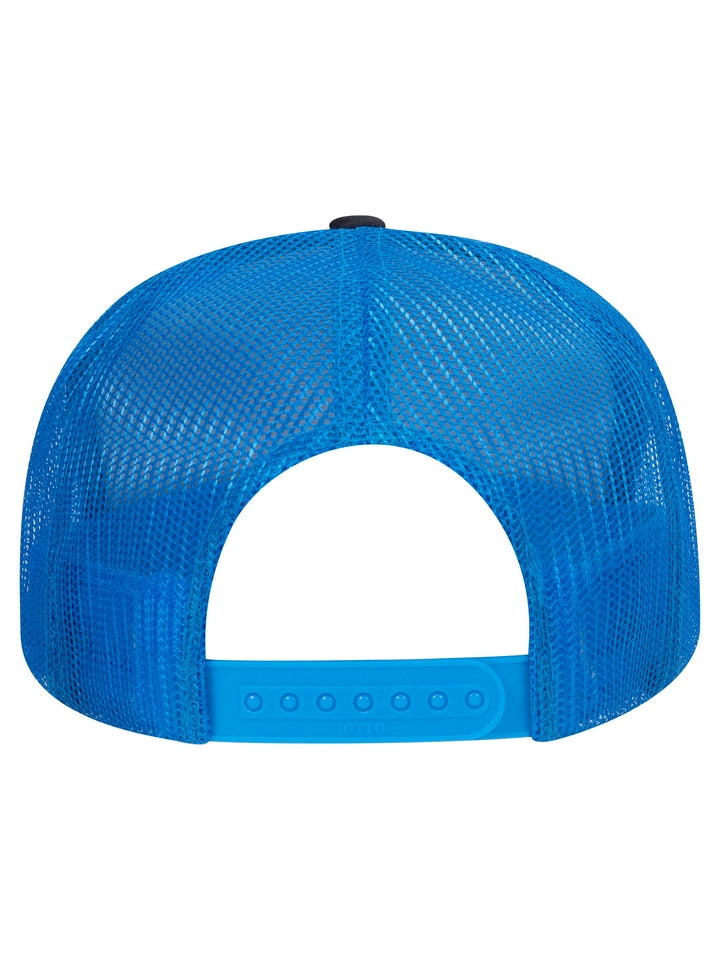 Rear view of the Otto 5 Panel Foam Trucker Hat in royal blue, highlighting the mesh back and adjustable snap closure.