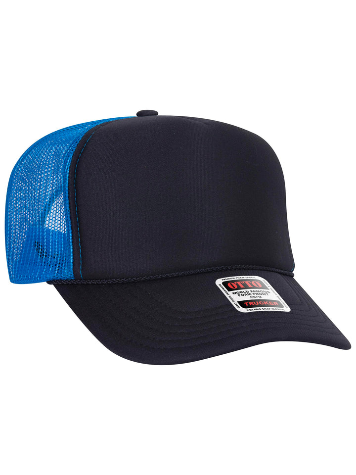 Otto 5 Panel Foam Trucker Hat in black and royal blue with a structured foam front and breathable mesh back.