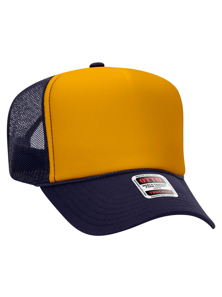 Otto 5 Panel Foam Trucker Hat in mustard yellow and navy with a breathable mesh back and adjustable snap closure.