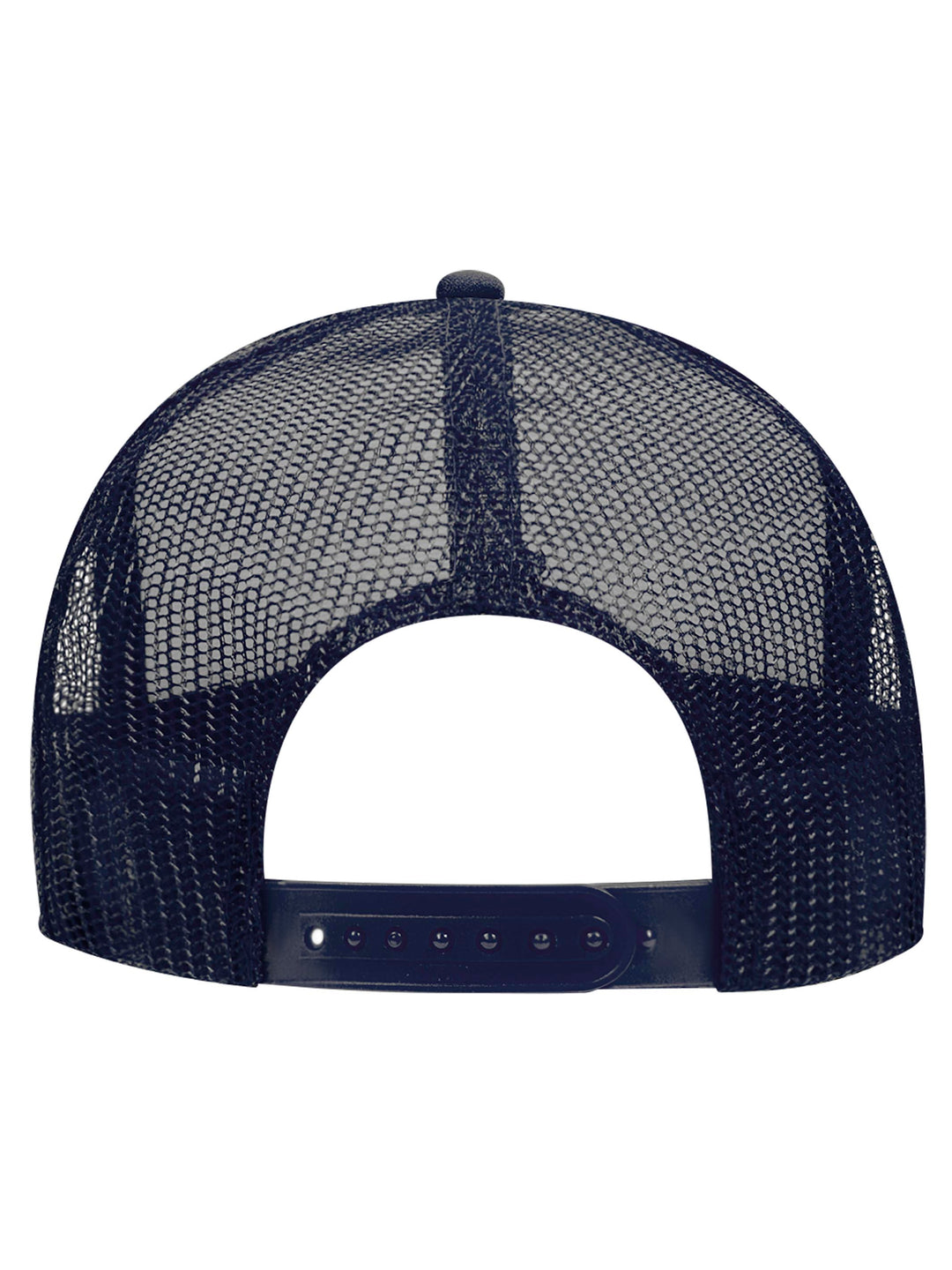 Rear view of the Otto 5 Panel Foam Trucker Hat in navy, showcasing the mesh back and adjustable snap closure.