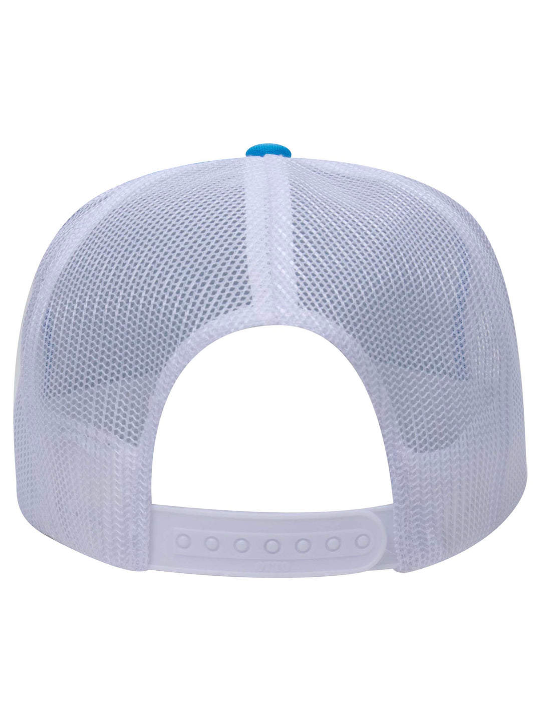 Rear view of the Otto 5 Panel Foam Trucker Hat in white and blue, featuring a breathable mesh back and snap closure.