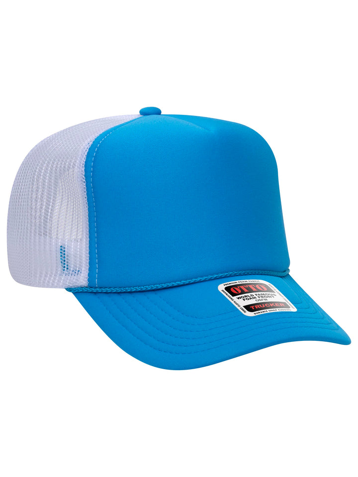 Otto 5 Panel Foam Trucker Hat in blue and white with a structured foam front and breathable mesh back.