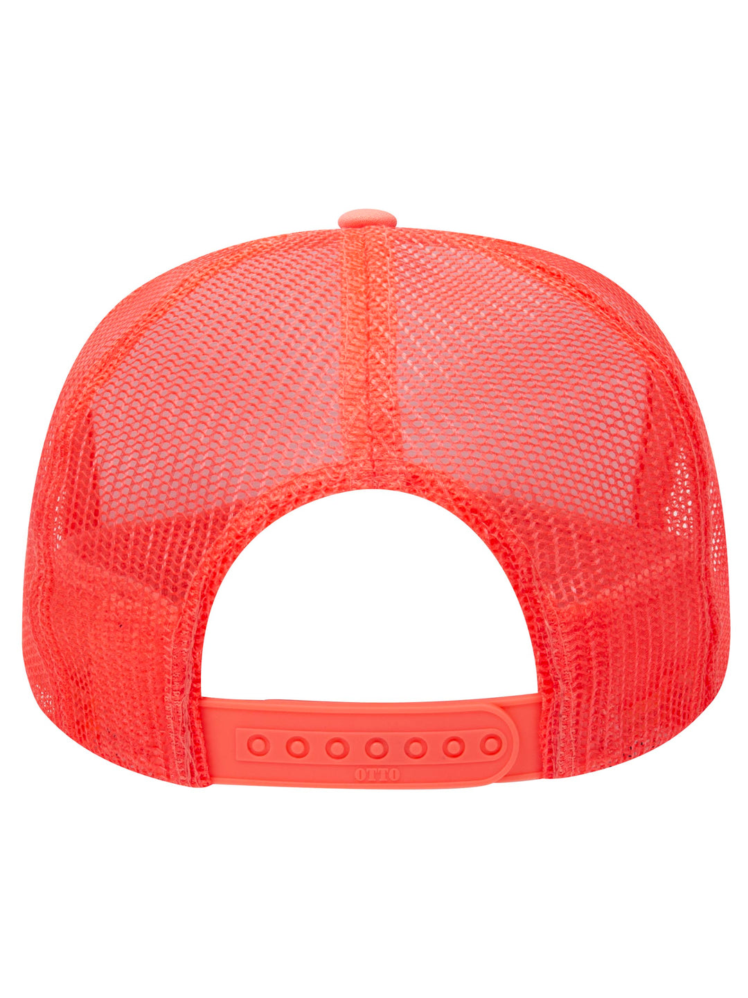 Rear view of the Otto 5 Panel Foam Trucker Hat in coral, highlighting the mesh back and adjustable snap closure.