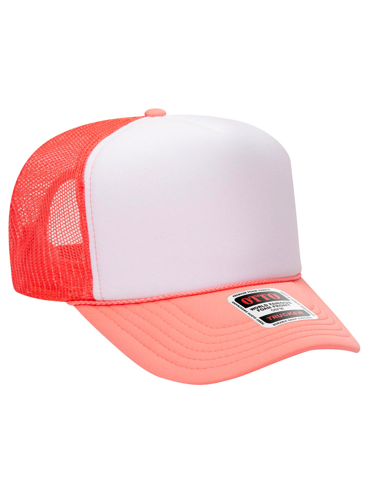 Otto 5 Panel Foam Trucker Hat in white and coral with a breathable mesh back and adjustable snap closure.