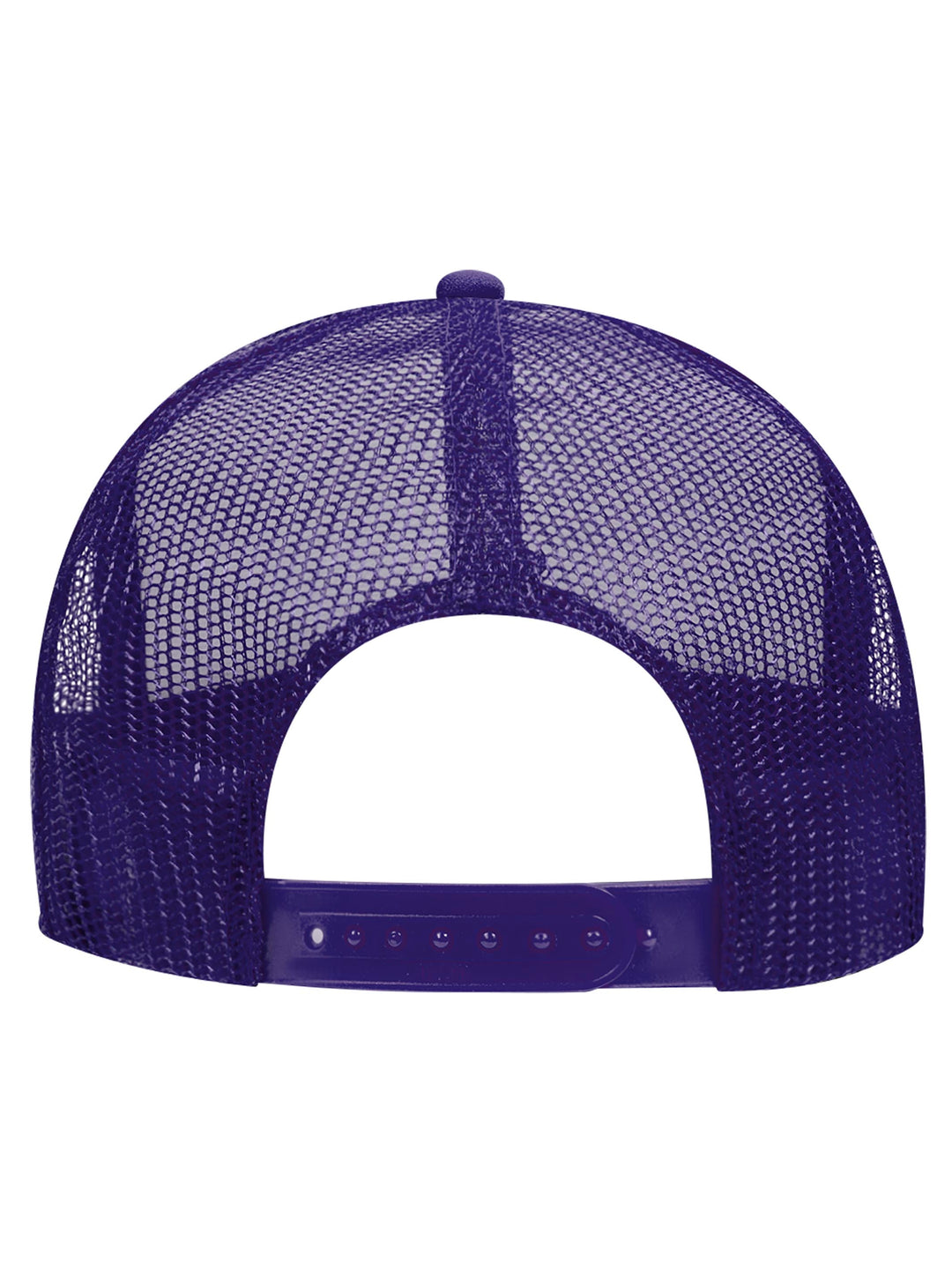 Rear view of the Otto 5 Panel Foam Trucker Hat in purple, highlighting the mesh back and adjustable snap closure.