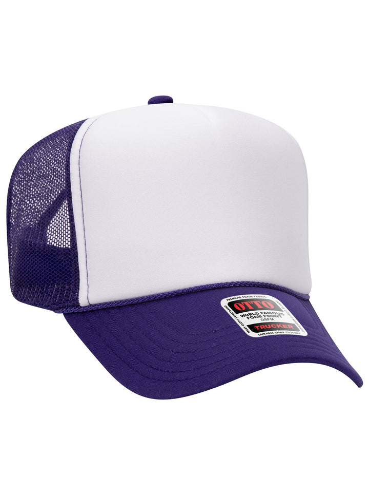 Otto 5 Panel Foam Trucker Hat in white and purple with a structured foam front and breathable mesh back.