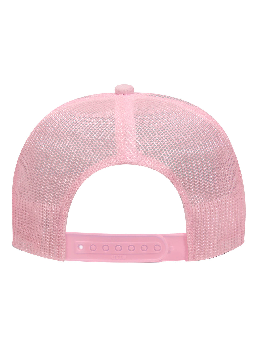 Rear view of the Otto 5 Panel Foam Trucker Hat in light pink, showcasing the breathable mesh back and snap closure.