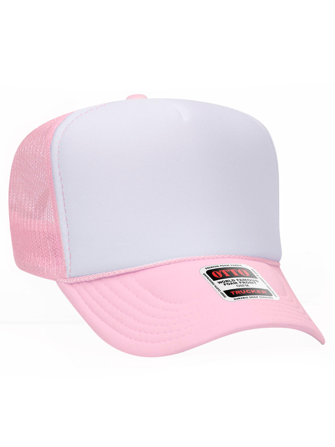 Otto 5 Panel Foam Trucker Hat in white and light pink with a structured foam front and breathable mesh back.