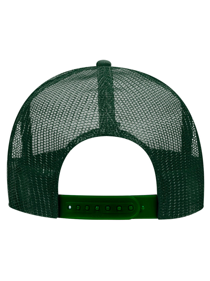 Rear view of the Otto 5 Panel Foam Trucker Hat in forest green, highlighting the mesh back and adjustable snap closure.