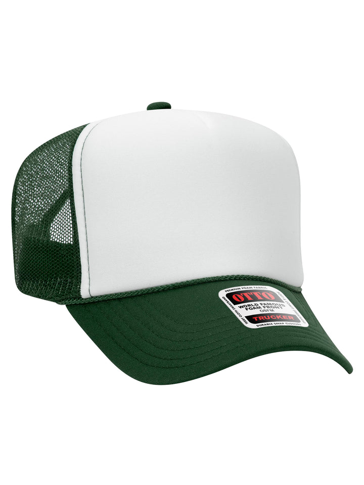 Otto 5 Panel Foam Trucker Hat in white and forest green with a structured foam front and breathable mesh back.