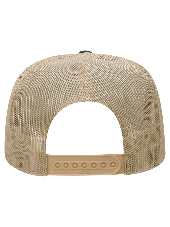 Rear view of the Otto 5 Panel Foam Trucker Hat in beige, showcasing the breathable mesh back and snap closure.