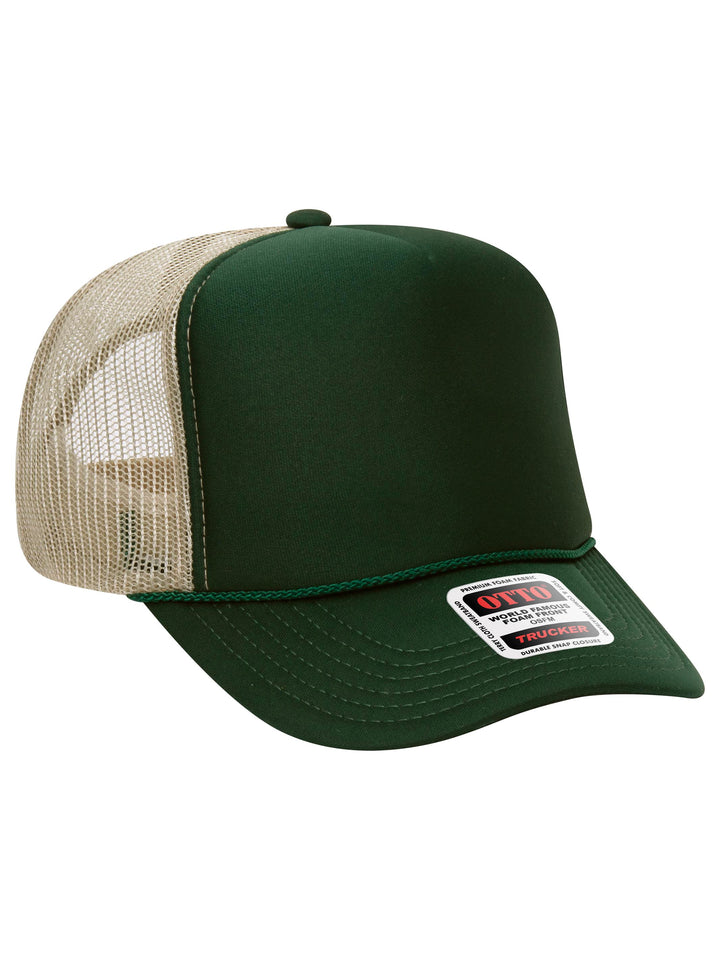 Otto 5 Panel Foam Trucker Hat in forest green and beige with a structured foam front and breathable mesh back.