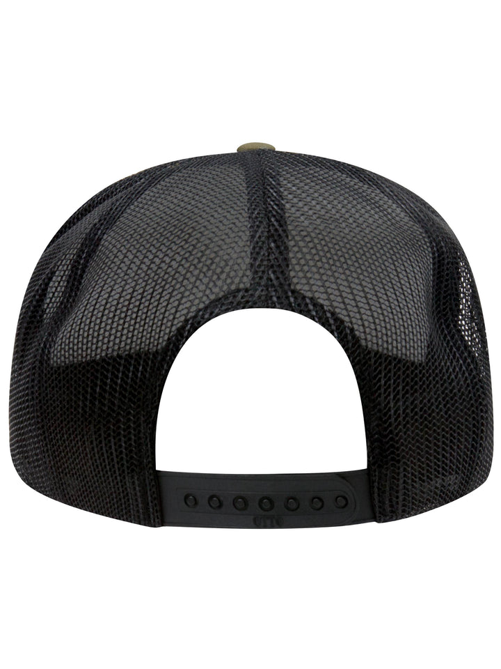 Rear view of the Otto 5 Panel Foam Trucker Hat in black, highlighting the mesh back and adjustable snap closure.