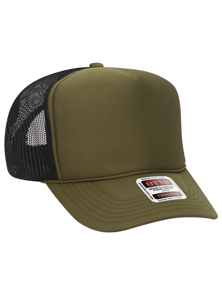 Otto 5 Panel Foam Trucker Hat in olive green and black with a structured foam front and breathable mesh back.